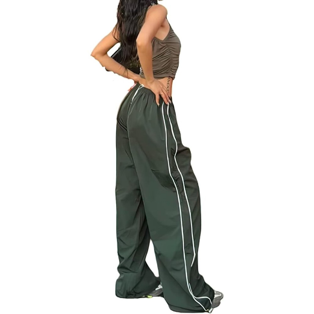 Womens Baggy Y2K Parachute Dark Green Pants High Waisted Lightweight Streetwear